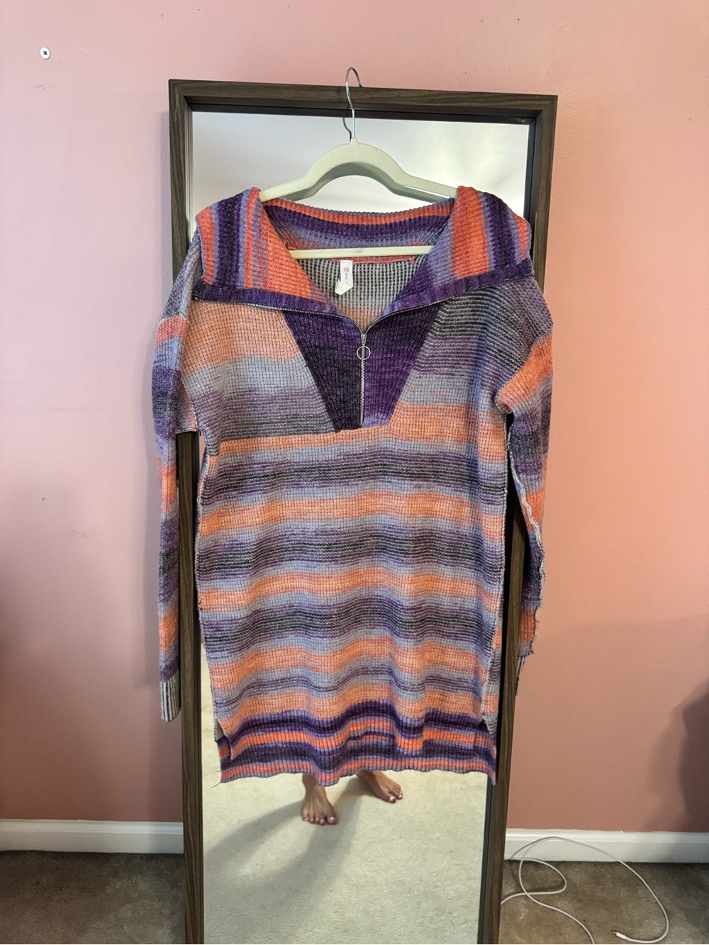 Anthropologie - Striped V-Neck Half-Zip Sweater Hoodie in Purple and Orange
